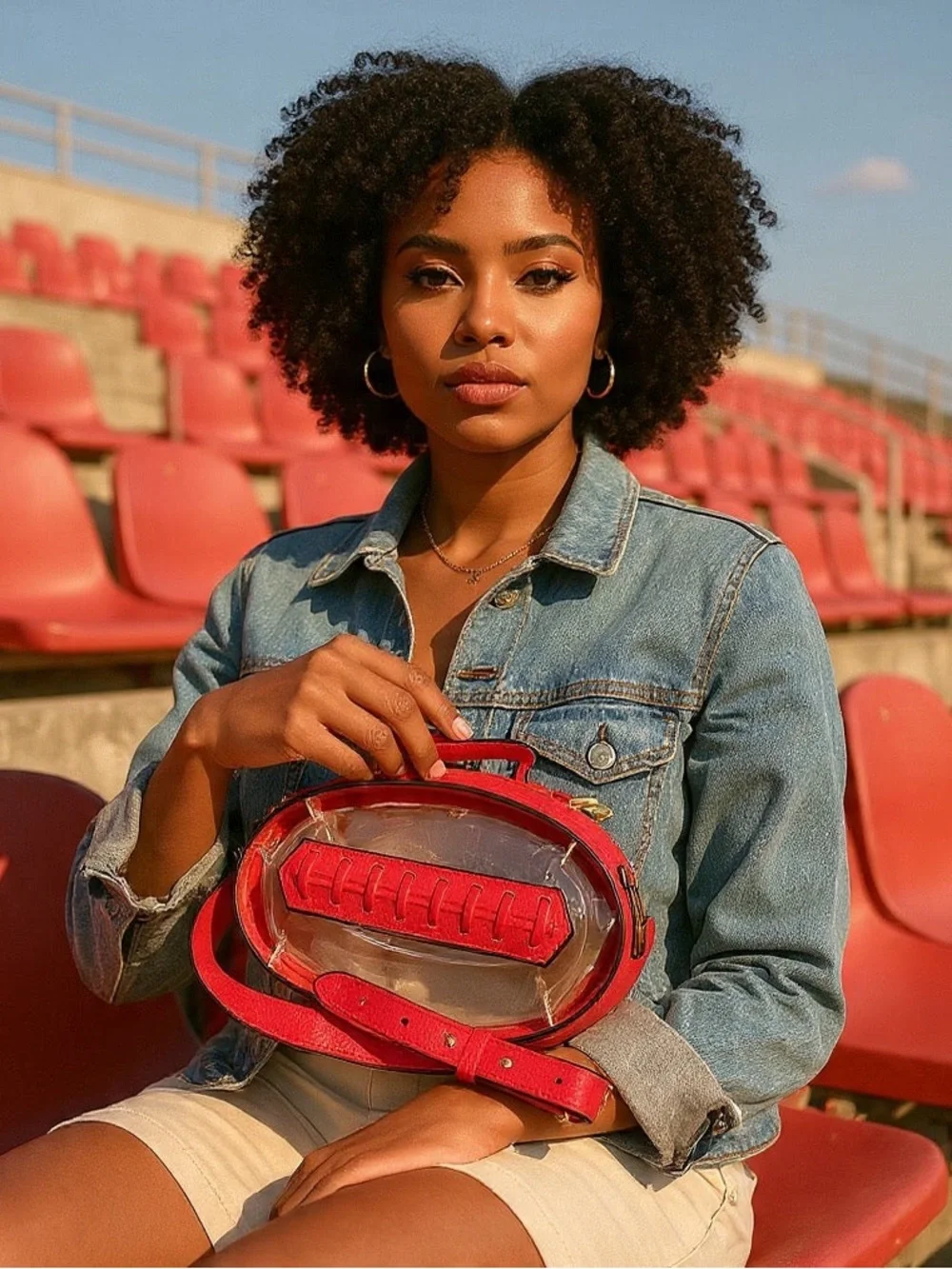 Football Shaped Clear Crossbody Bag with Leather Trim - Red